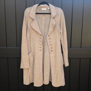 Beige long button up sweater with flower details